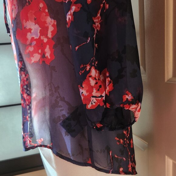 GUESS Los Angeles sz L Floral Semi-Sheer Blouse Top Long Sleeve Navy Blue Red - Picture 10 of 14